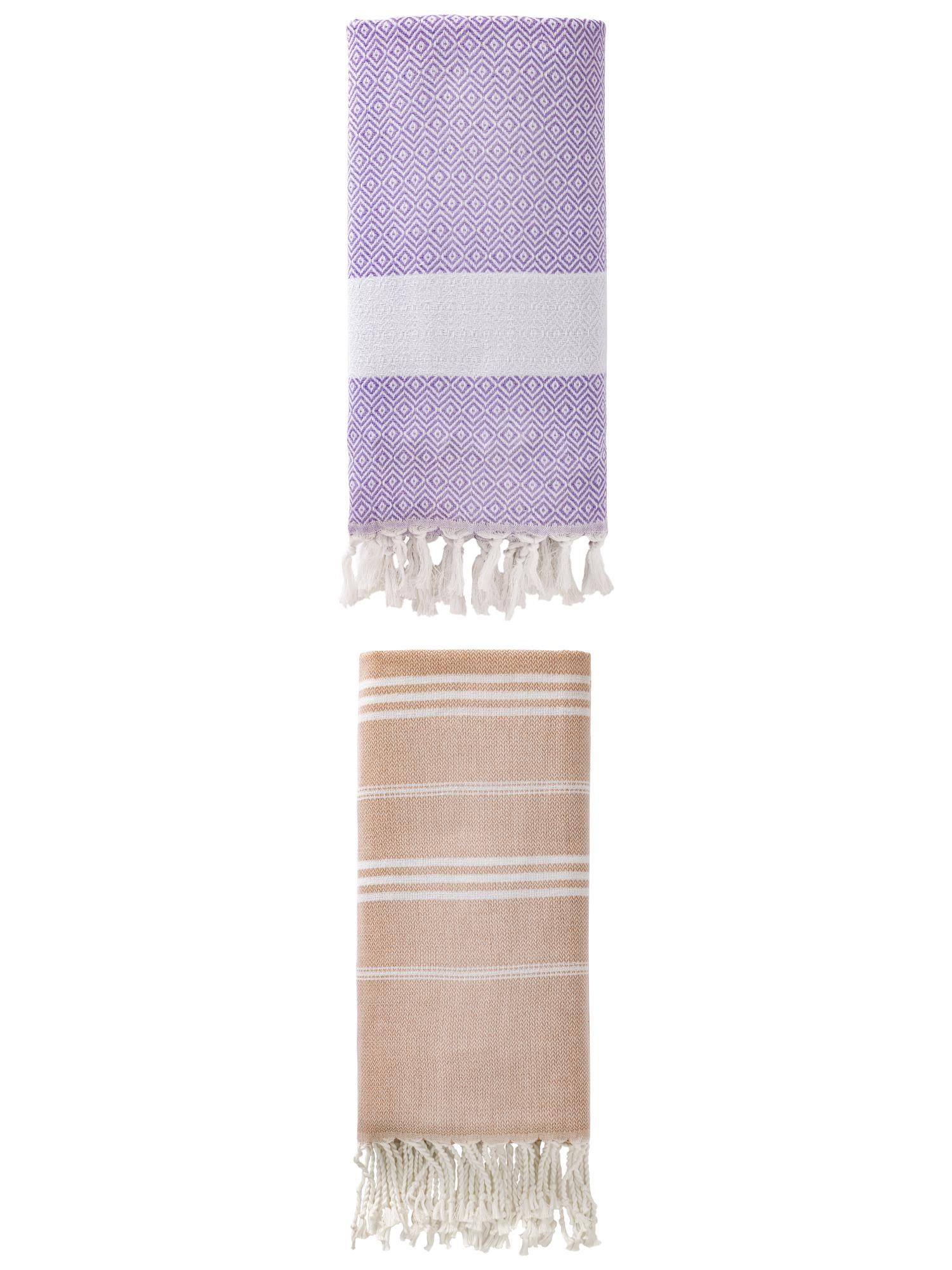 Unique Bargains 2Pcs Striped Quick Dry Beach Towel Brown/Light Purple 71" x 35"/71" x 40"