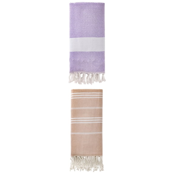 Unique Bargains 2Pcs Striped Quick Dry Beach Towel Brown/Light Purple 71" x 35"/71" x 40"