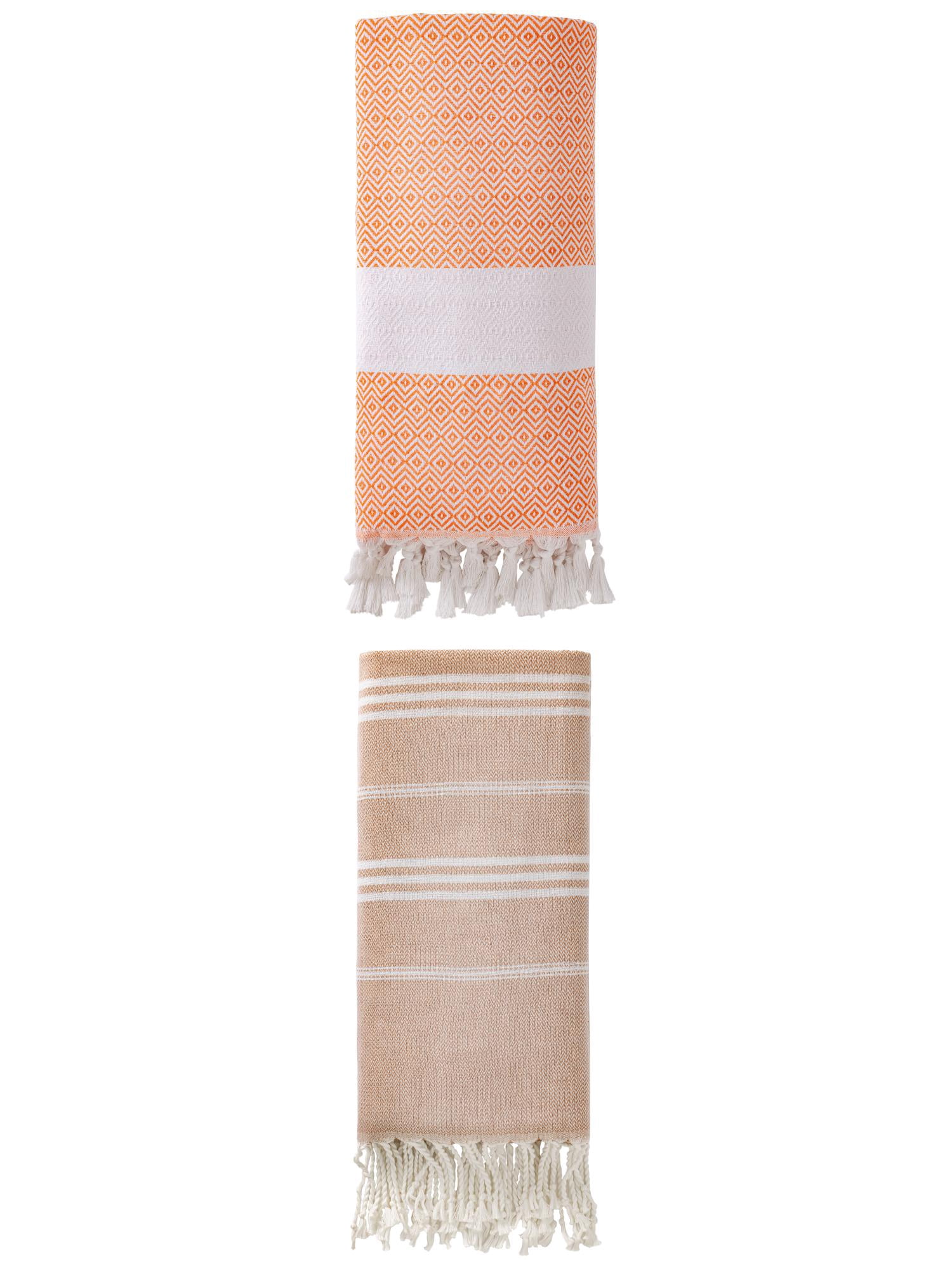 Unique Bargains 2Pcs Striped Quick Dry Beach Towel Brown Orange 71" x 35"/71" x 40"