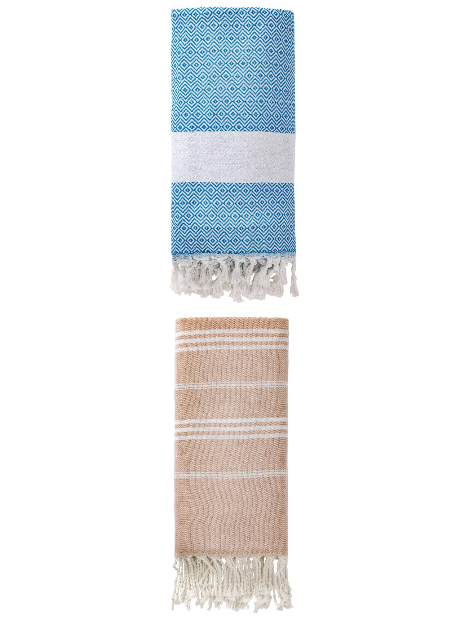 Unique Bargains 2Pcs Striped Quick Dry Beach Towel Brown/Sky Blue 71" x 35"/71" x 40"