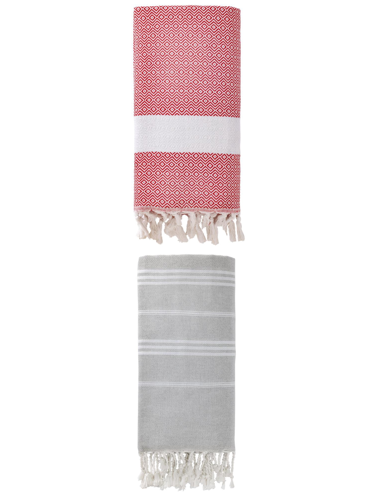 Unique Bargains 2Pcs Striped Sand Free Fabric Towel Grey/Crimson 71" x 35"/71" x 40"