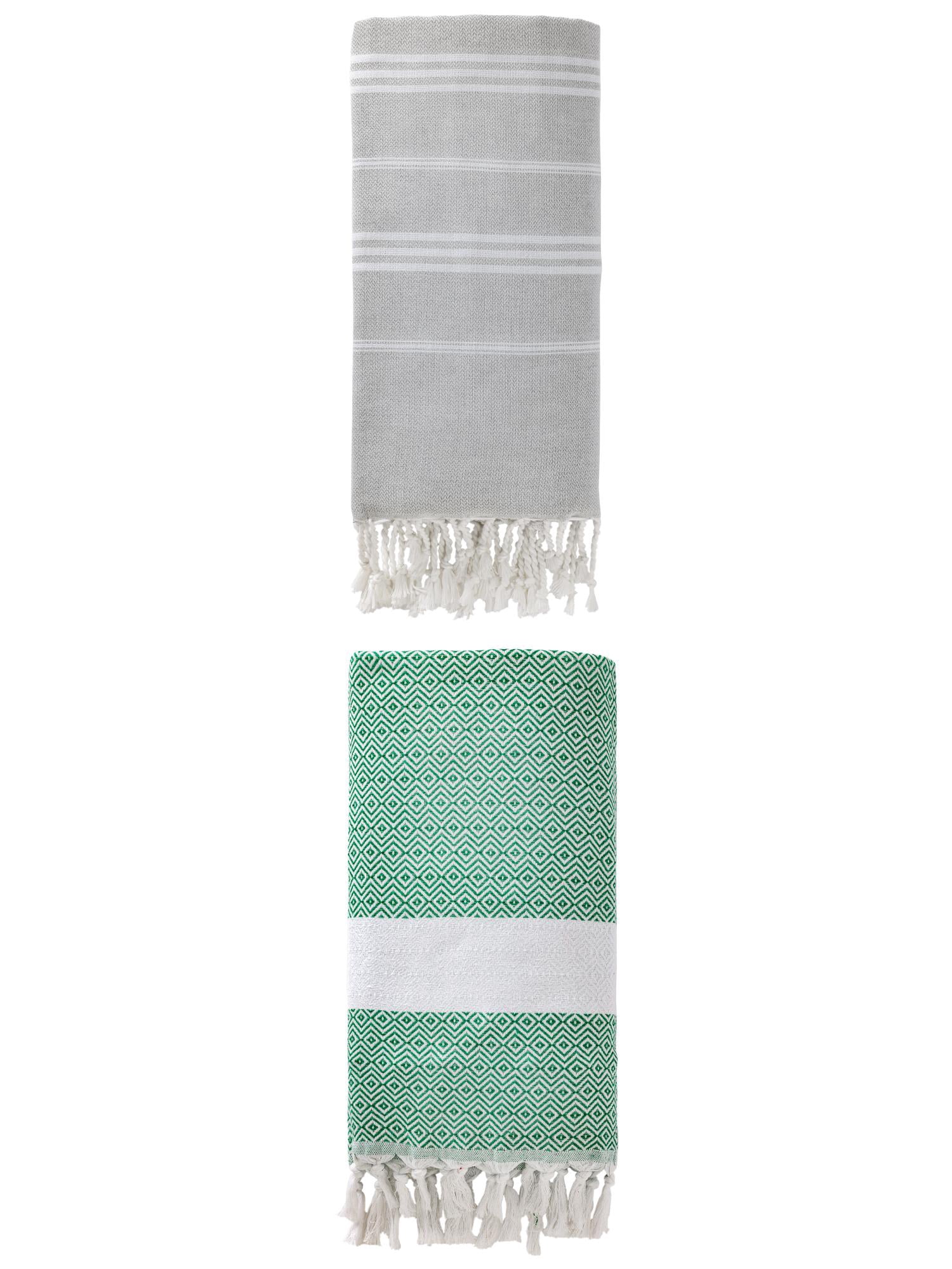 Unique Bargains 2Pcs Striped Sand Free Fabric Towel Grey Dark Green 71" x 35"/71" x 40"
