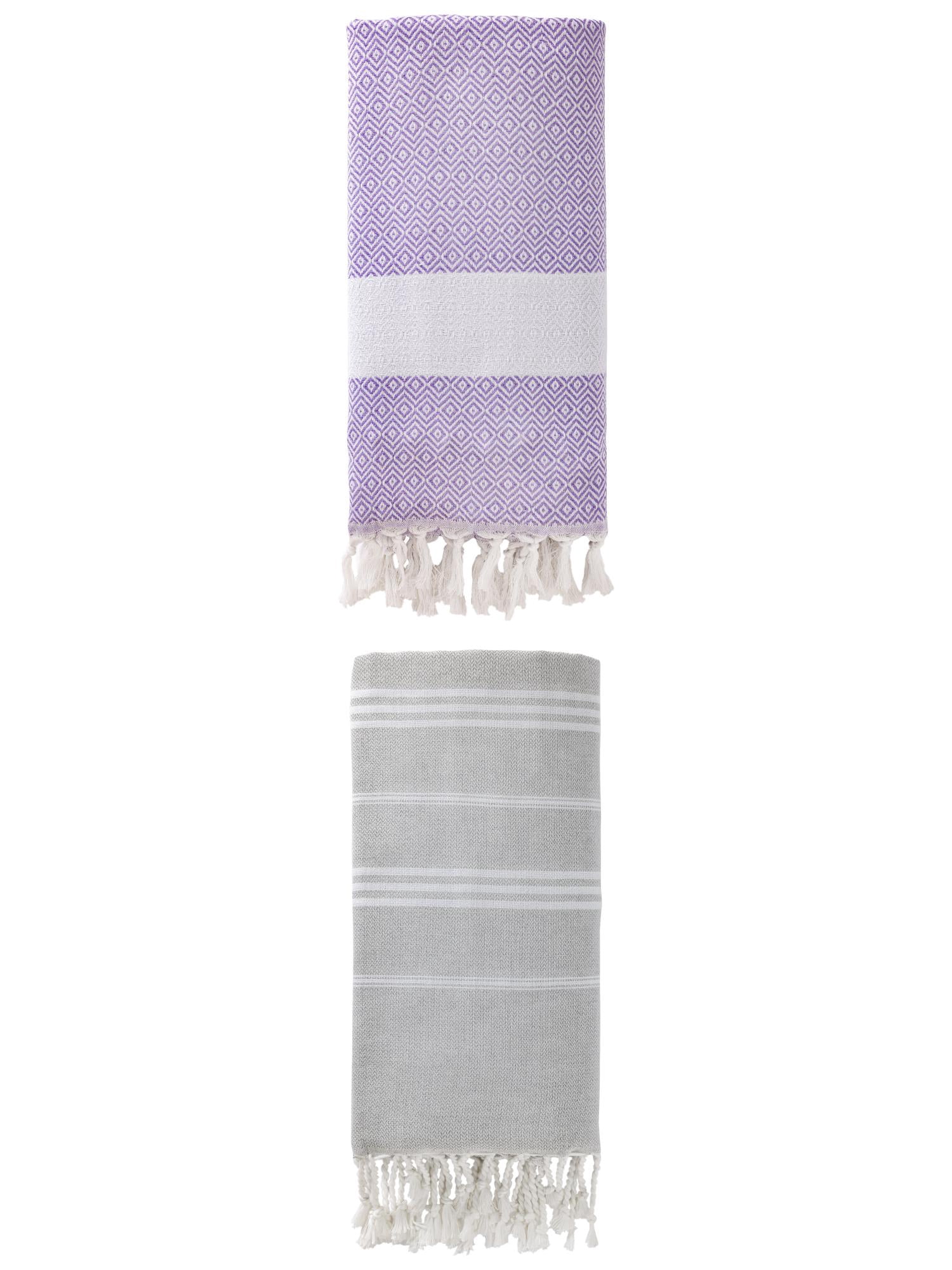 Unique Bargains 2Pcs Striped Sand Free Fabric Towel Grey/Light Purple 71" x 35"/71" x 40"
