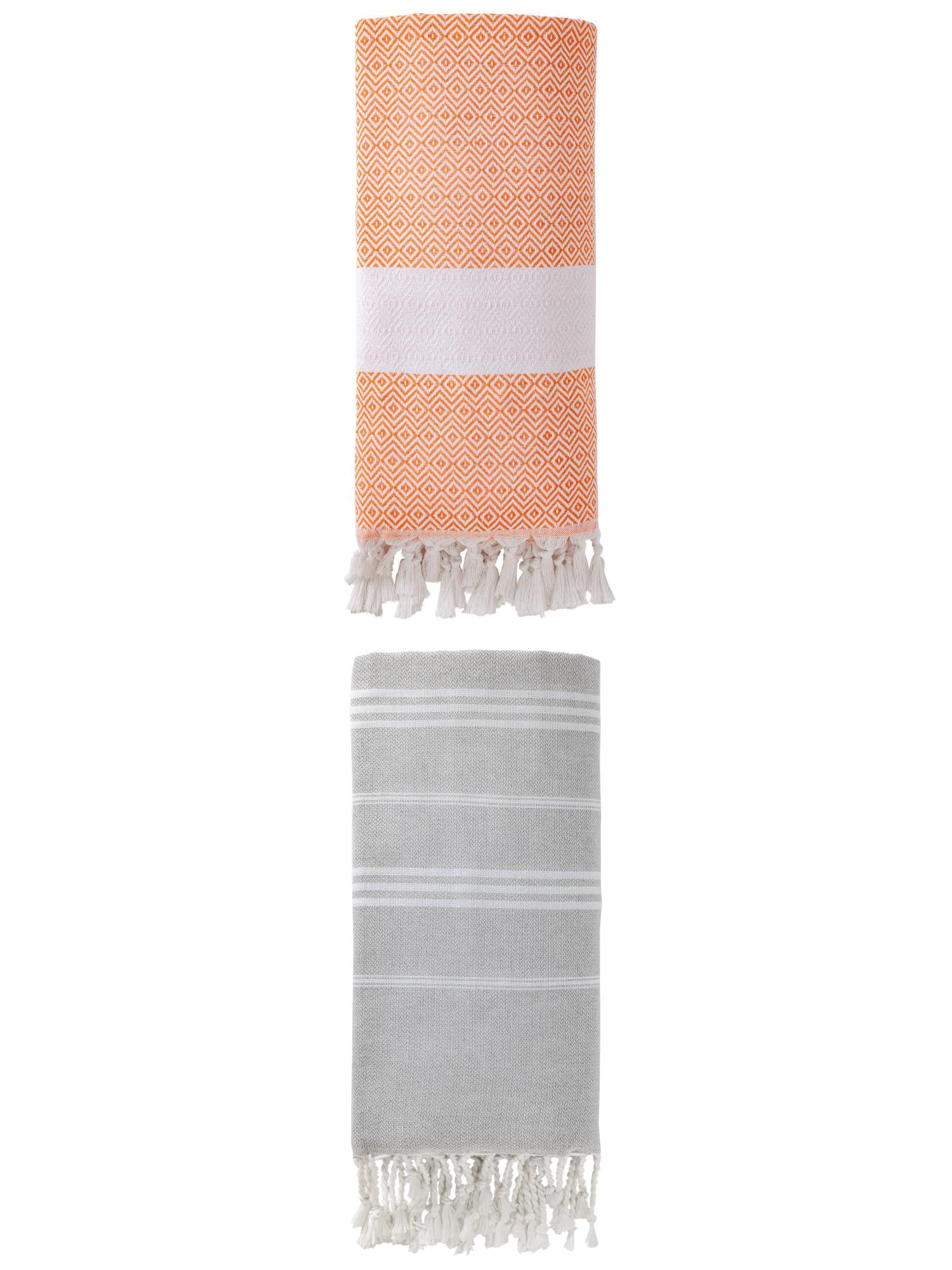 Unique Bargains 2Pcs Striped Sand Free Fabric Towel Grey Orange 71" x 35"/71" x 40"