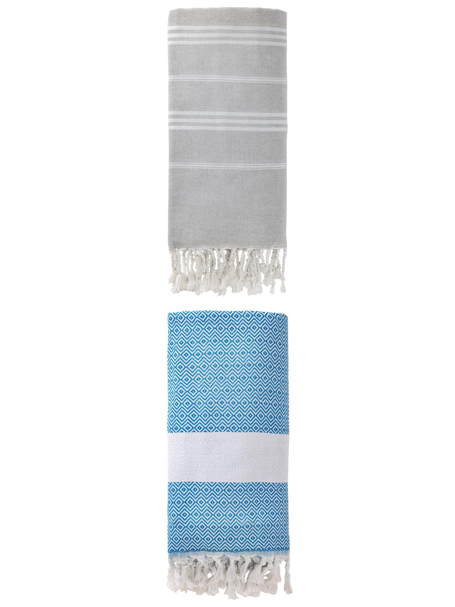 Unique Bargains 2Pcs Striped Sand Free Fabric Towel Grey/Sky Blue 71" x 35"/71" x 40"