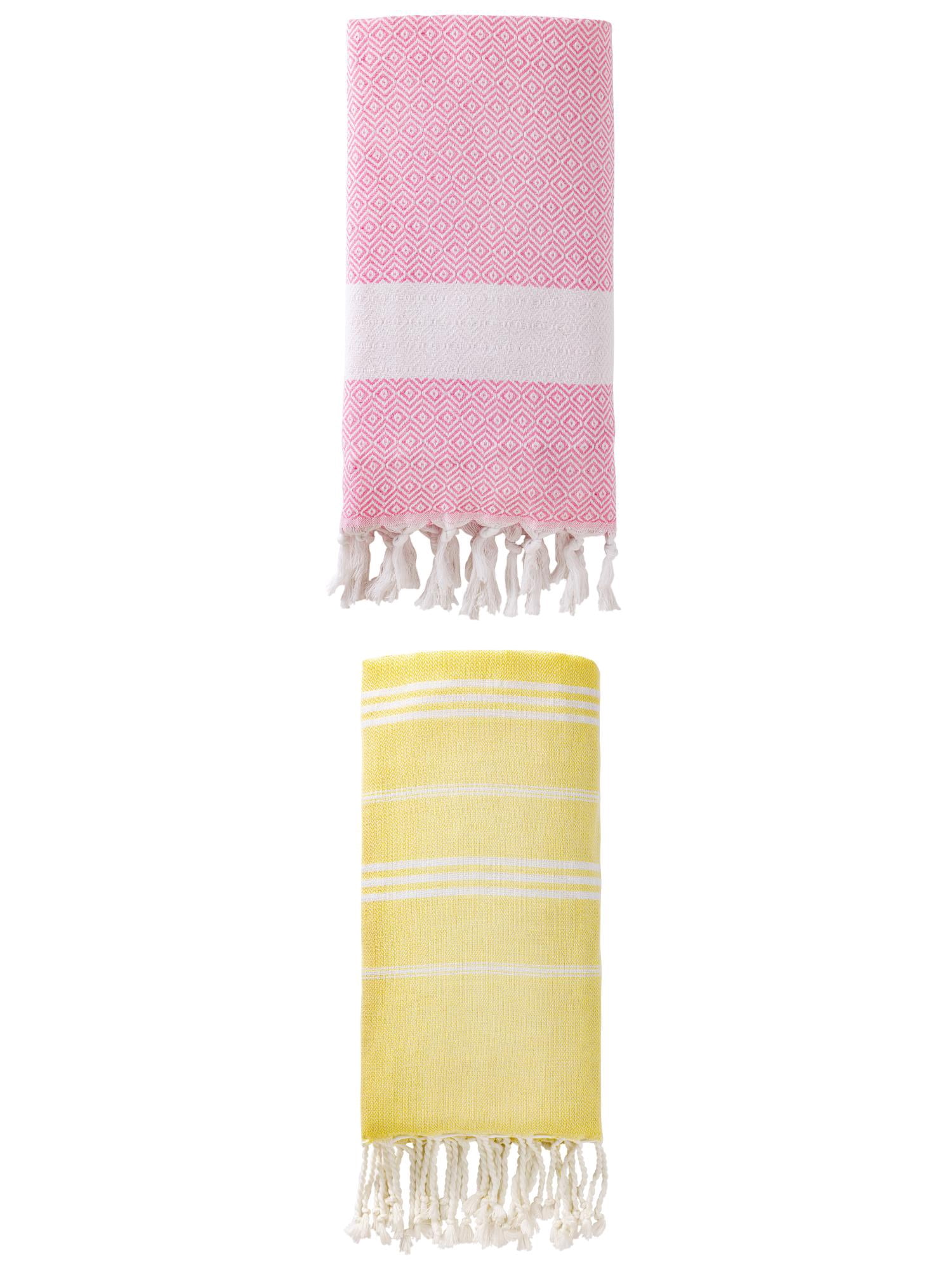 Unique Bargains 2Pcs Stylish Striped Instant Dry Towel Yellow Pink 71" x 35"/71" x 40"