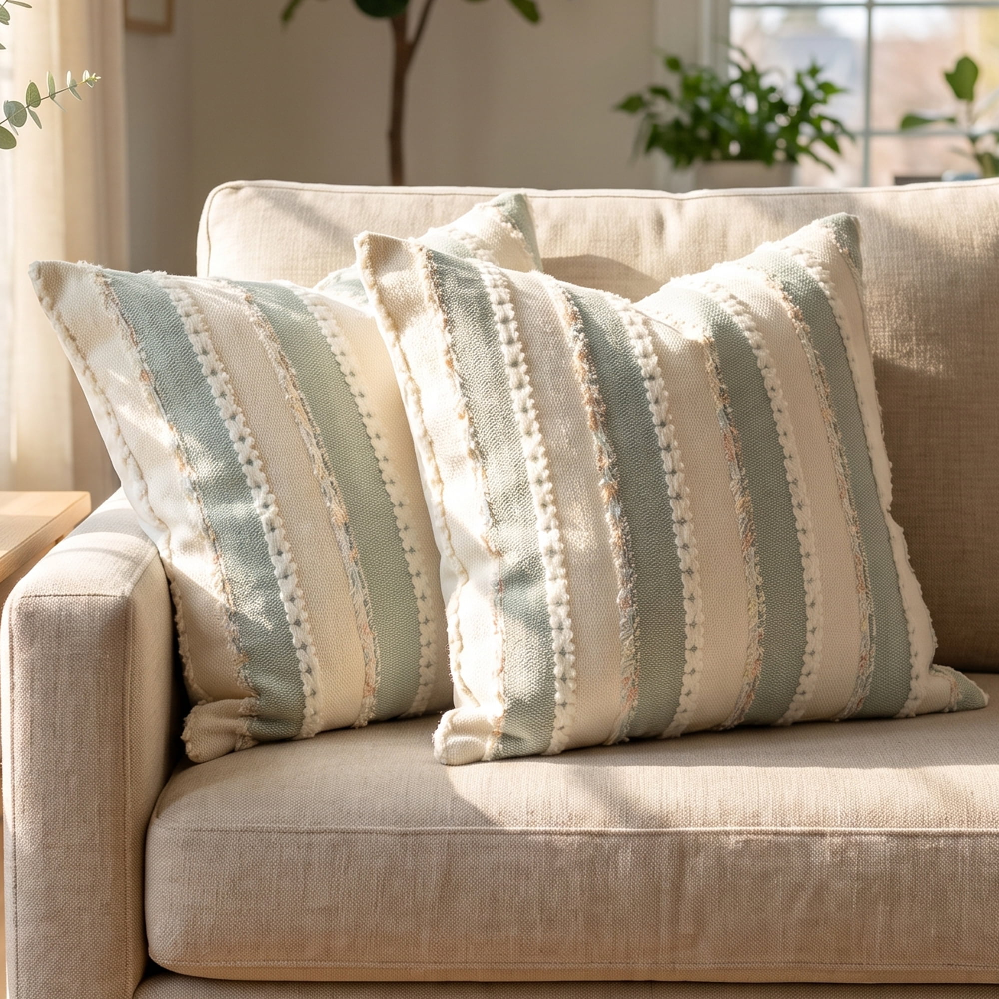 Unique Bargains 2Pcs Textured Frayed Striped Throw Pillow Covers Bean Green 18"x18"