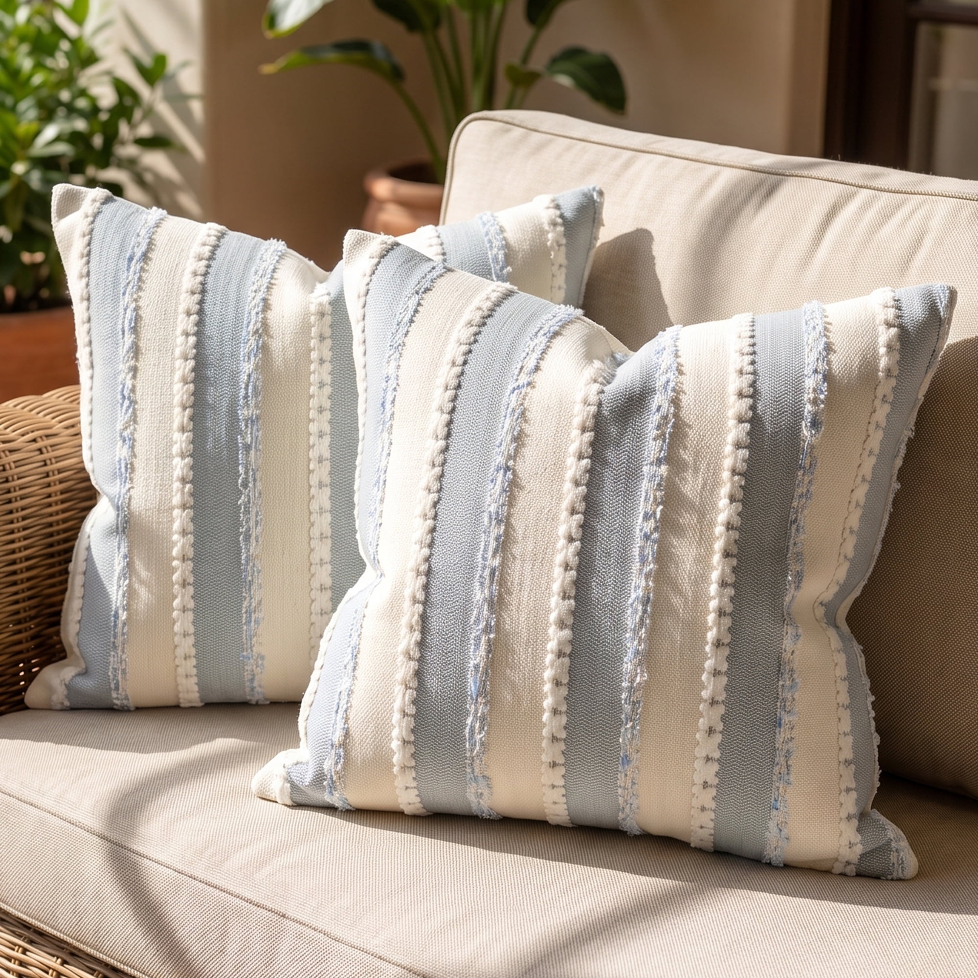 Unique Bargains 2Pcs Textured Frayed Striped Throw Pillow Covers Light Blue 18"x18"