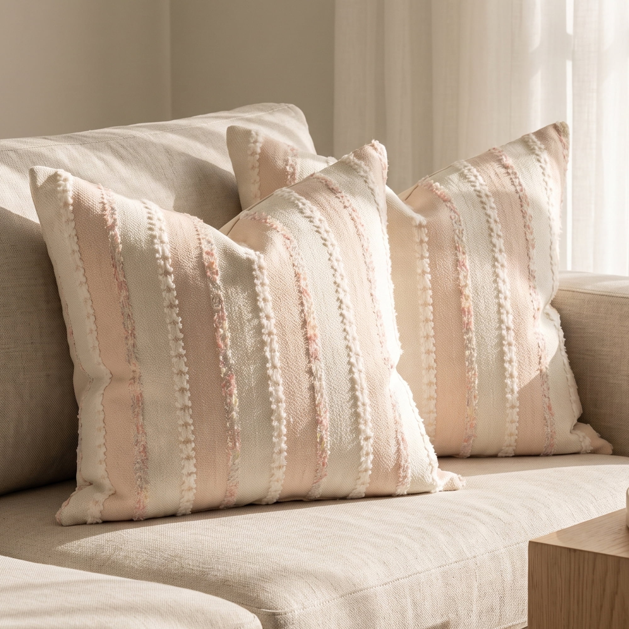 Unique Bargains 2Pcs Textured Frayed Striped Throw Pillow Covers Pink 18"x18"