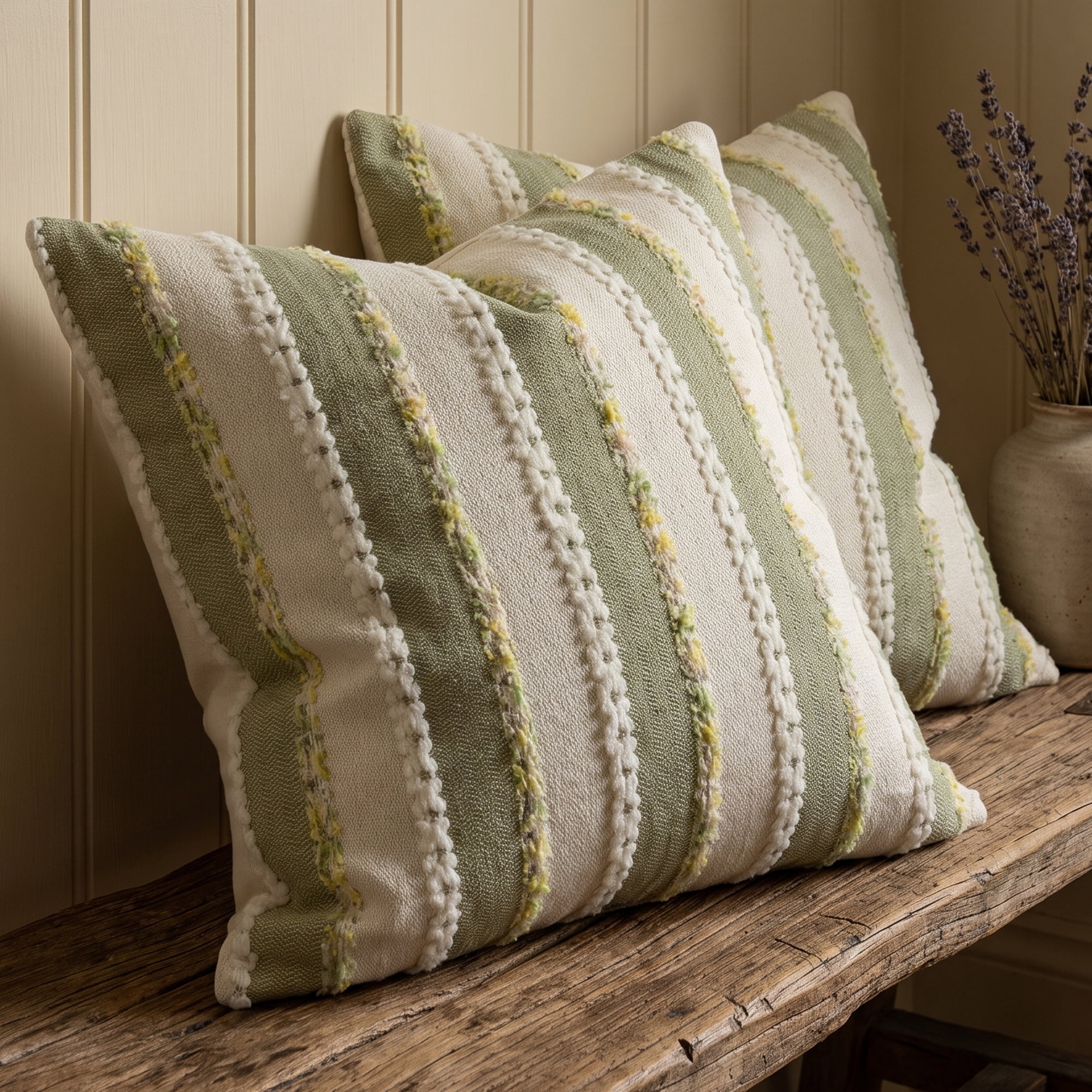 Unique Bargains 2Pcs Textured Frayed Striped Throw Pillow Covers Sage Green 18"x18"