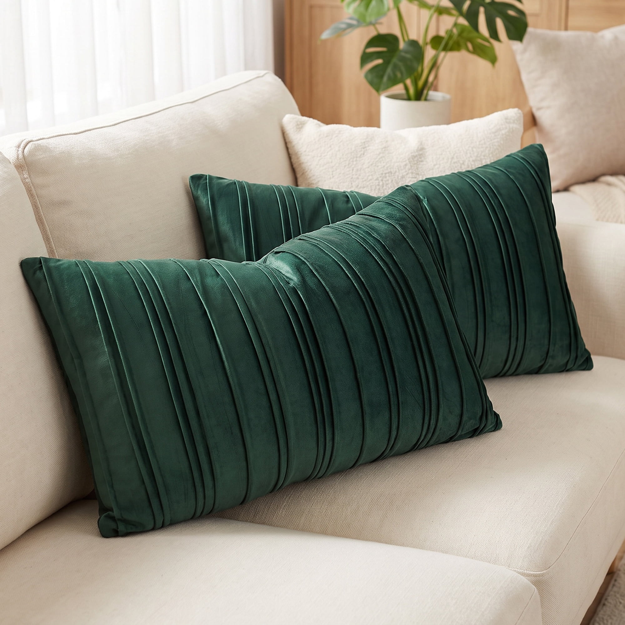 Unique Bargains 2Pcs Textured Throw Pillow Covers Couch Cushion Cases Dark Green 20"x12"