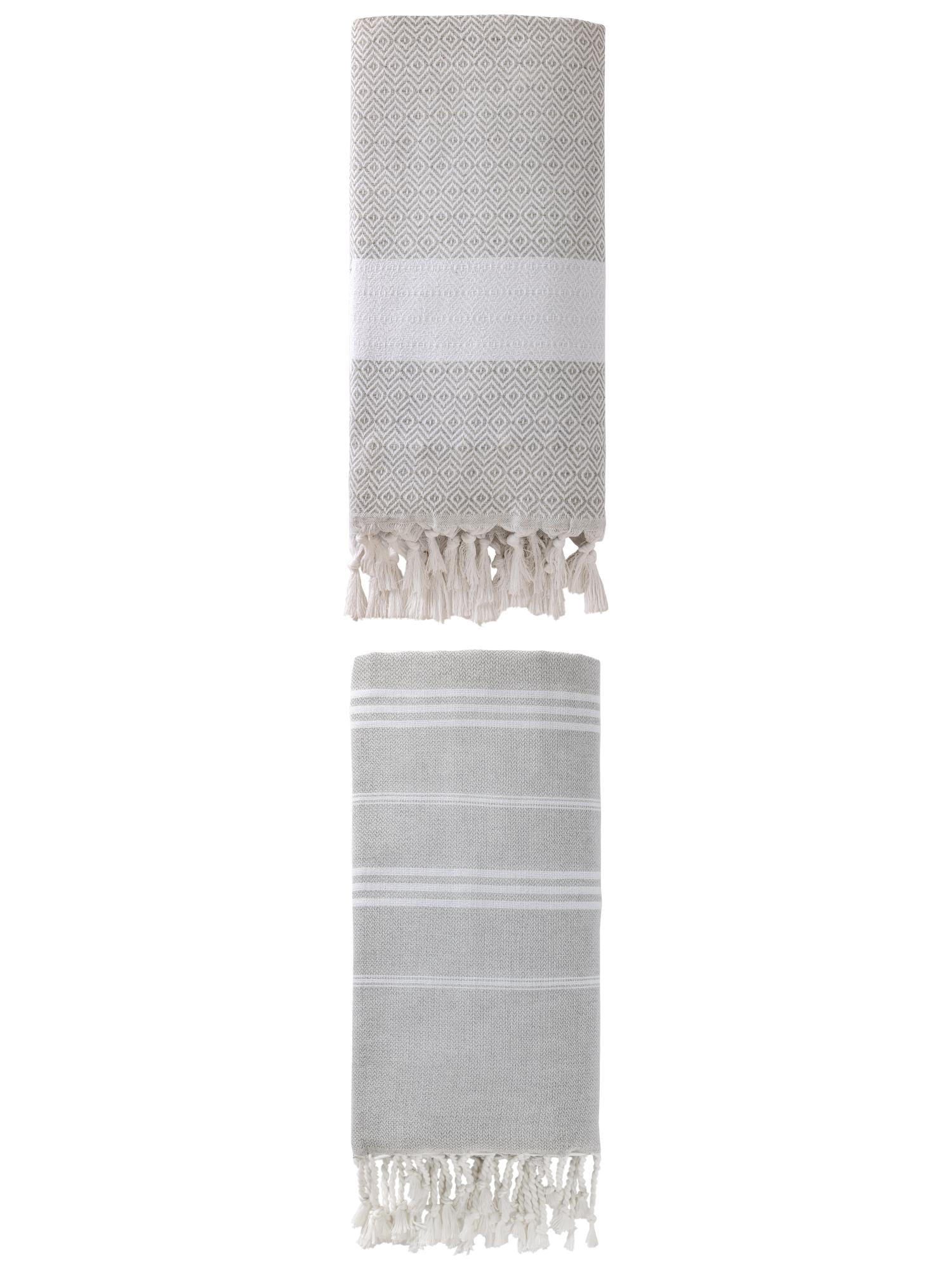 Unique Bargains 2Pcs Turkish Striped Sand Free Fabric Towel Grey 71" x 35"/71" x 40"