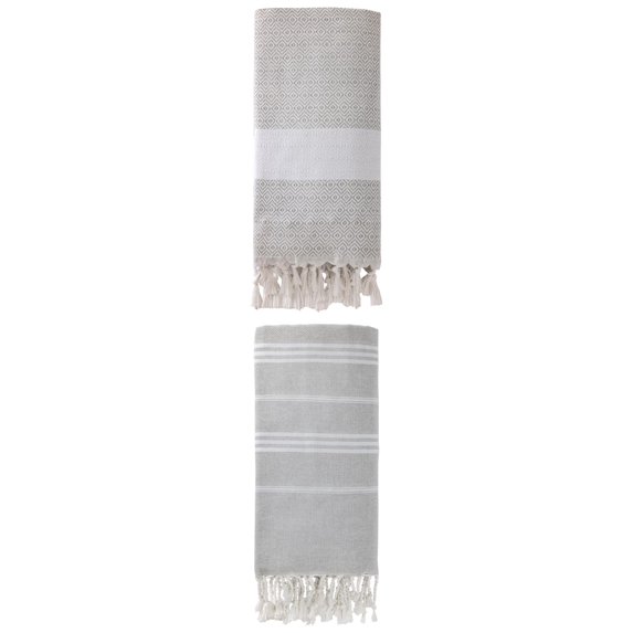 Unique Bargains 2Pcs Turkish Striped Sand Free Fabric Towel Grey 71" x 35"/71" x 40"
