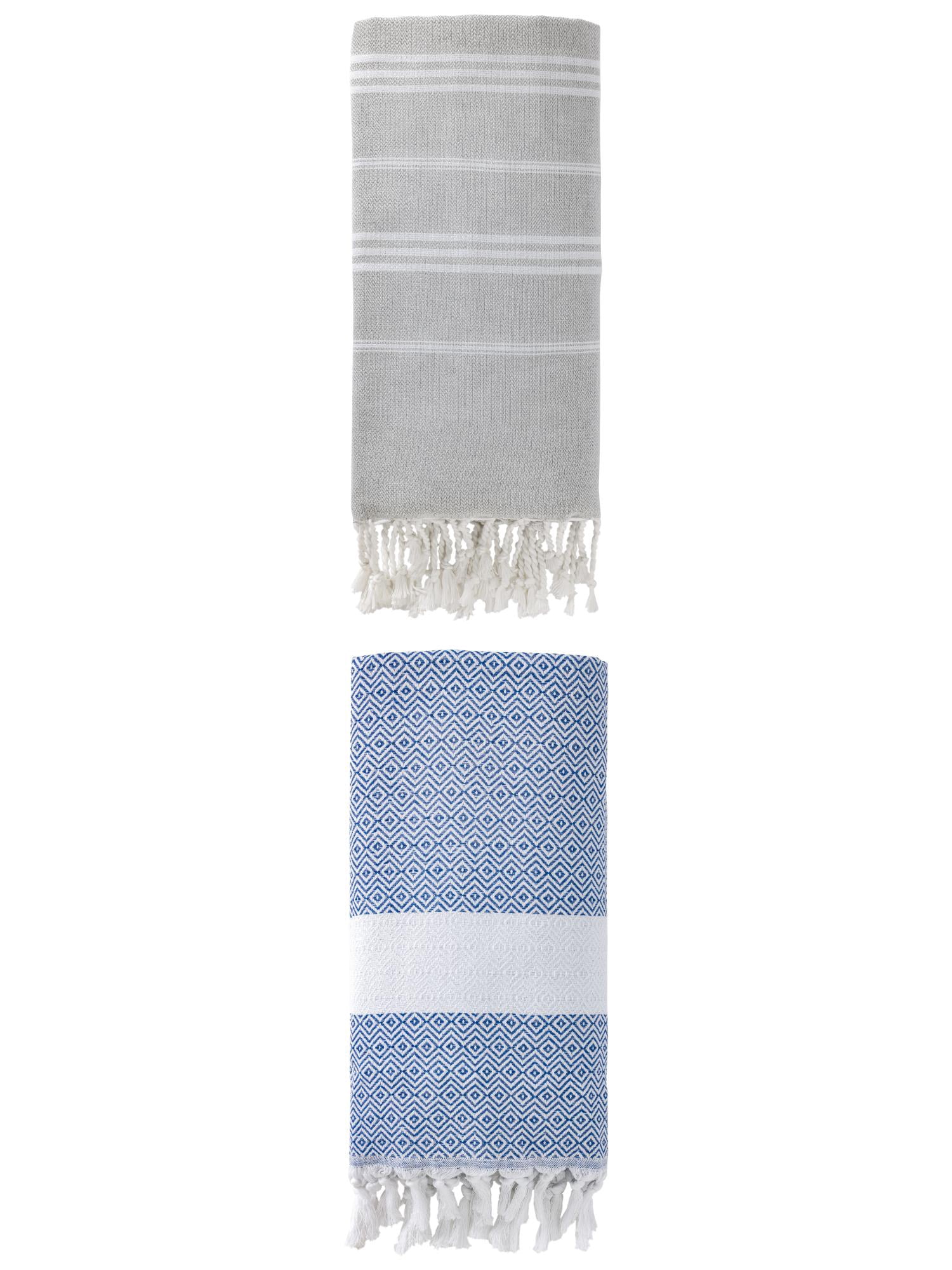 Unique Bargains 2Pcs Turkish Striped Sand Free Fabric Towel Grey Blue 71" x 35"/71" x 40"