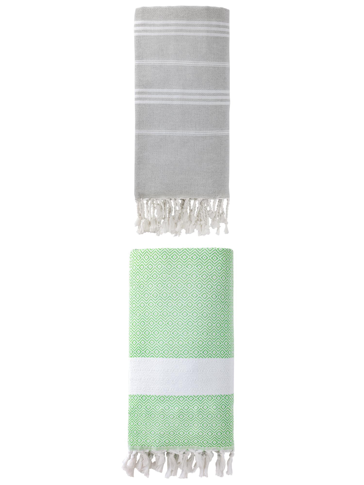 Unique Bargains 2Pcs Turkish Striped Sand Free Fabric Towel Grey Green 71" x 35"/71" x 40"