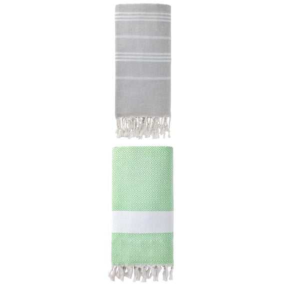 Unique Bargains 2Pcs Turkish Striped Sand Free Fabric Towel Grey Green 71" x 35"/71" x 40"