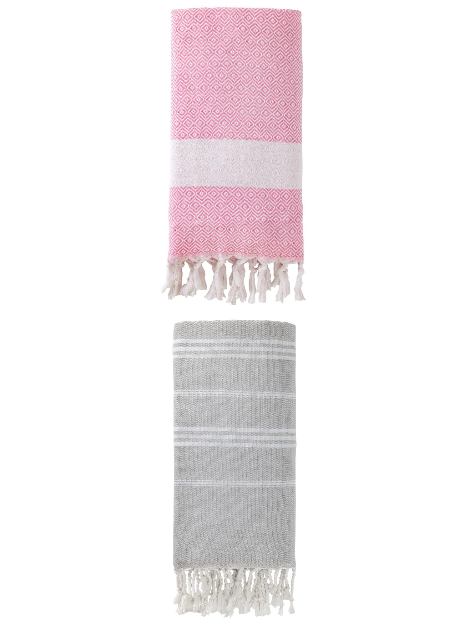 Unique Bargains 2Pcs Turkish Striped Sand Free Fabric Towel Grey Pink 71" x 35"/71" x 40"