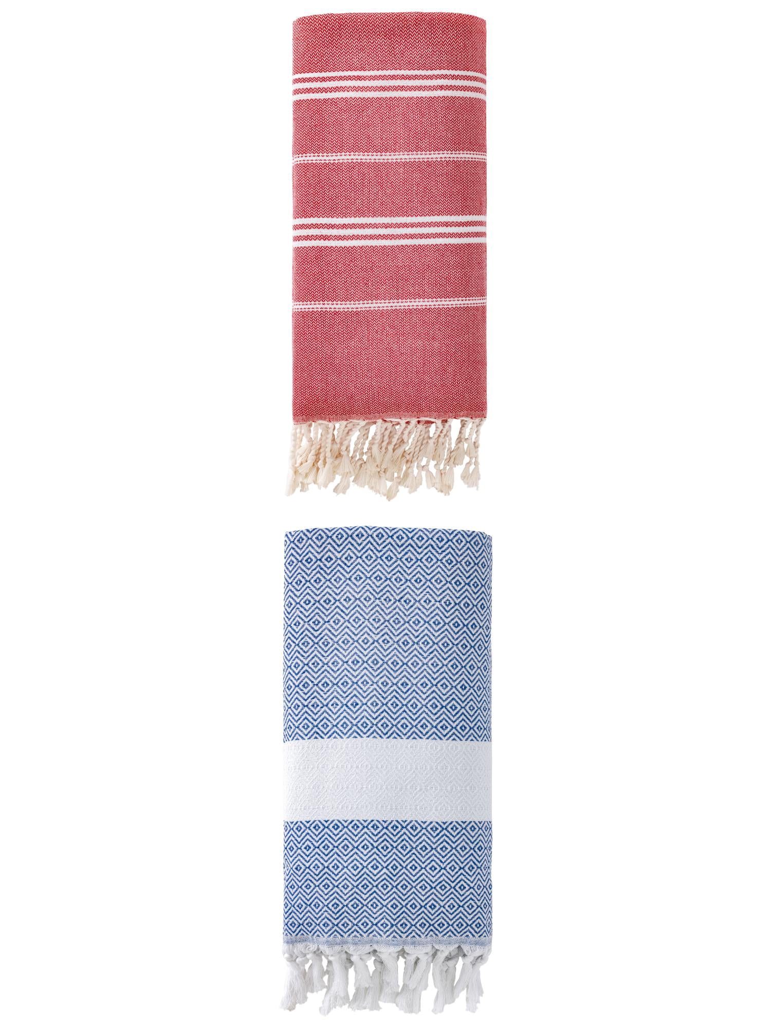 Unique Bargains 2Pcs Turkish Woven Striped Beach Towel Red Blue 71" x 35"/71" x 40"