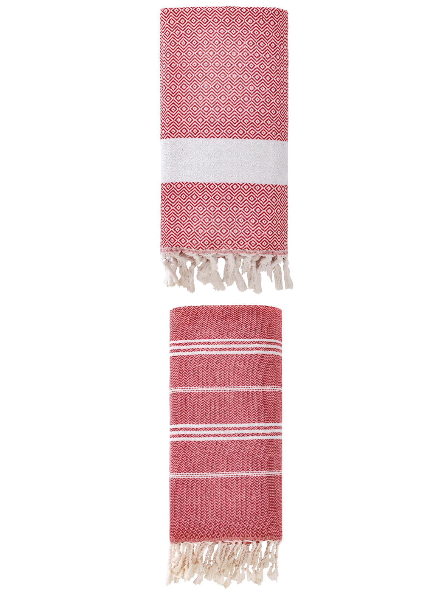 Unique Bargains 2Pcs Turkish Woven Striped Beach Towel Red/Crimson 71" x 35"/71" x 40"