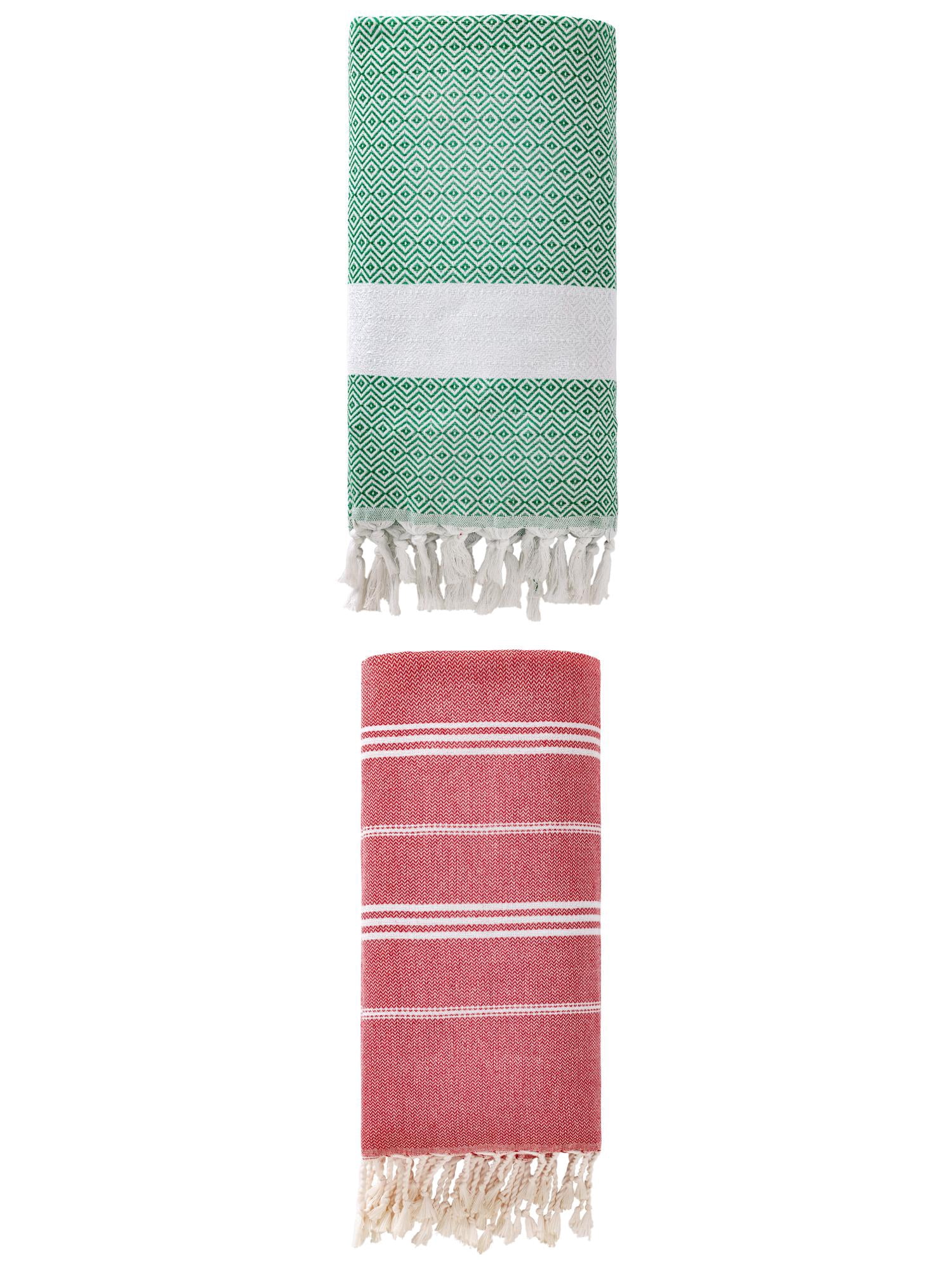 Unique Bargains 2Pcs Turkish Woven Striped Beach Towel Red/Dark Green 71" x 35"/71" x 40"