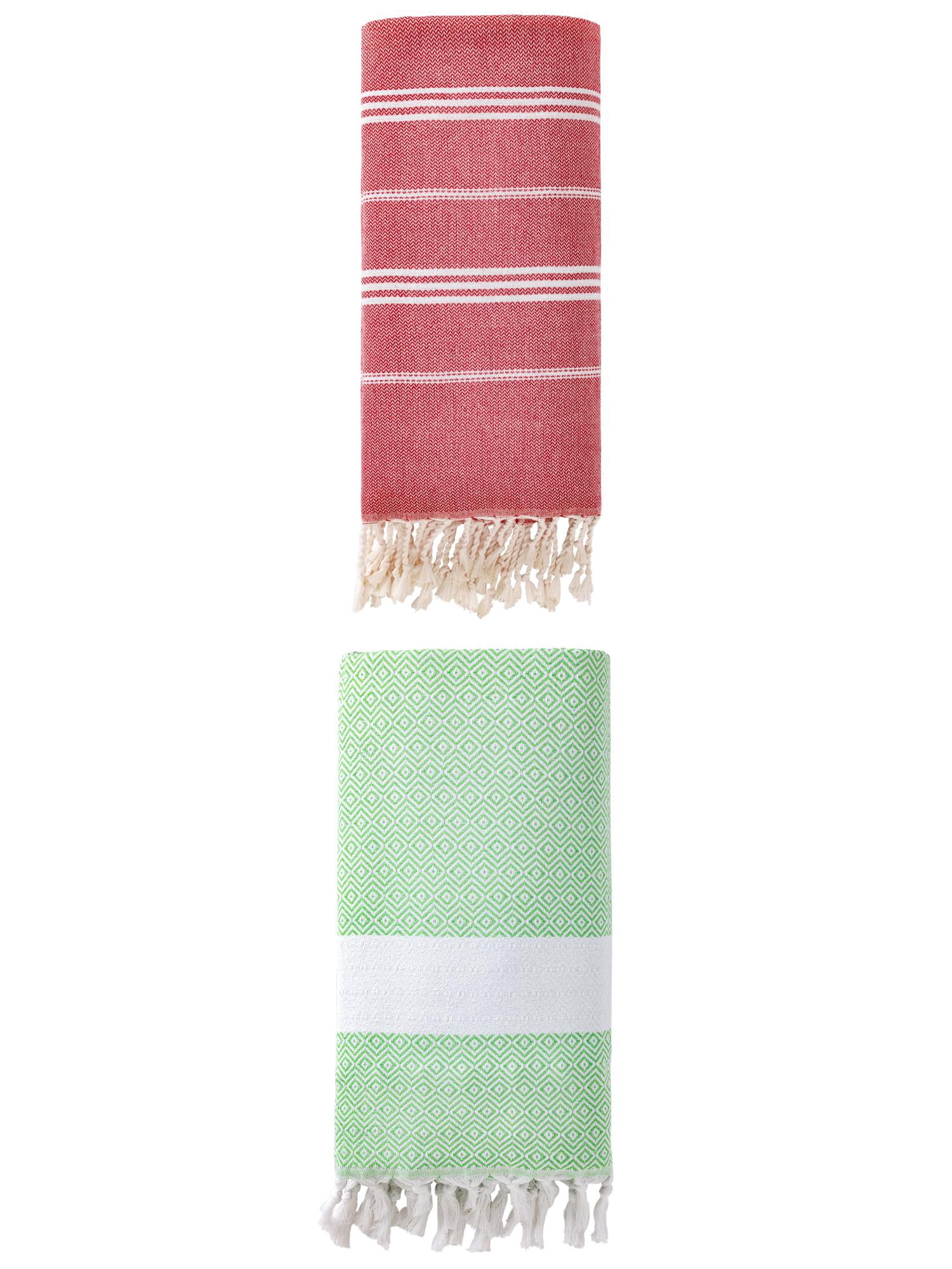 Unique Bargains 2Pcs Turkish Woven Striped Beach Towel Red Green 71" x 35"/71" x 40"