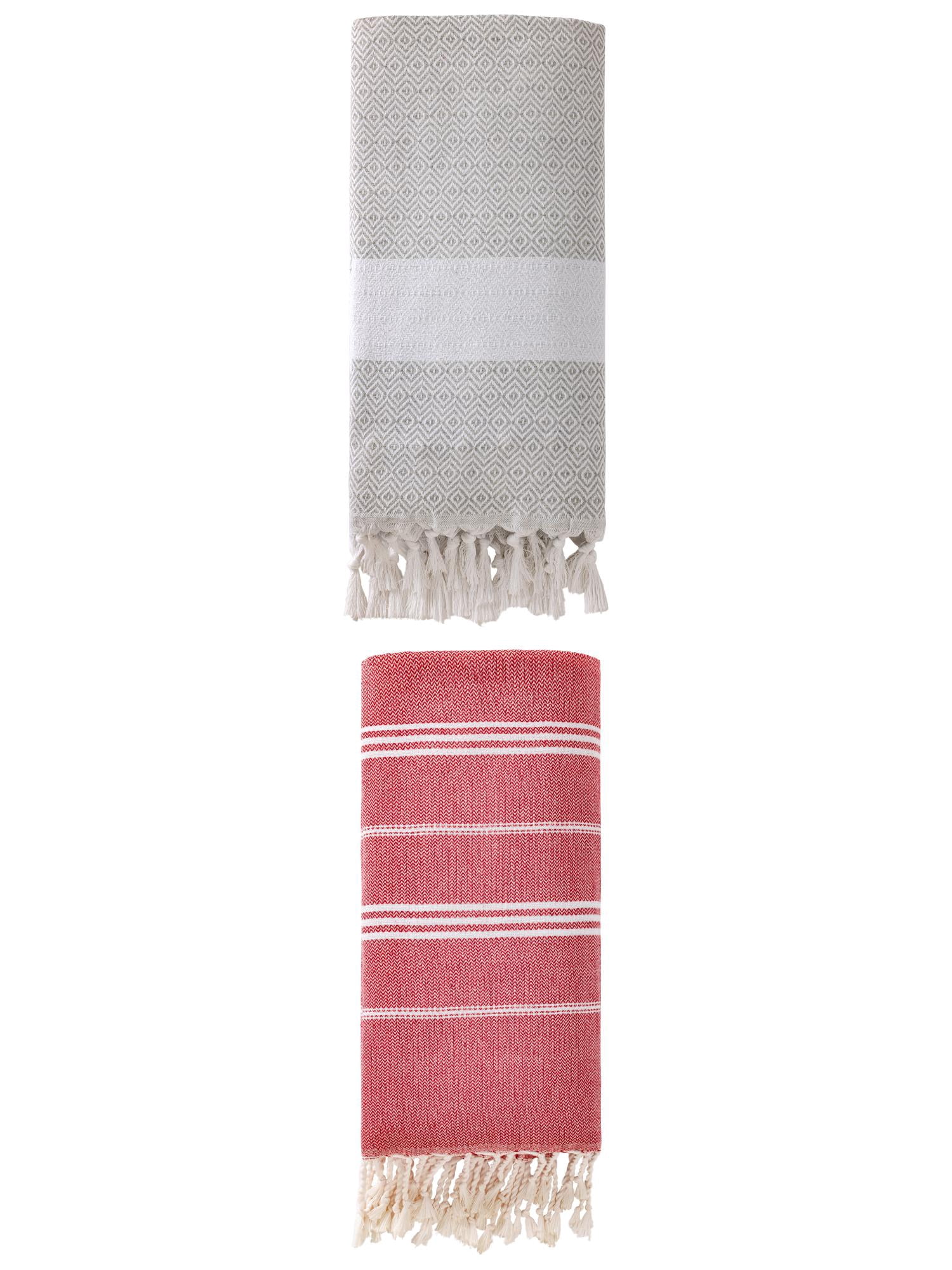 Unique Bargains 2Pcs Turkish Woven Striped Beach Towel Red Grey 71" x 35"/71" x 40"
