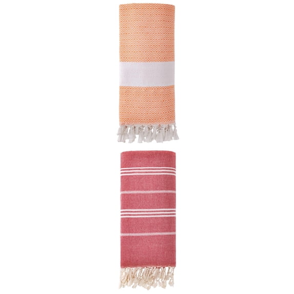 Unique Bargains 2Pcs Turkish Woven Striped Beach Towel Red/Orange 71" x 35"/71" x 40"