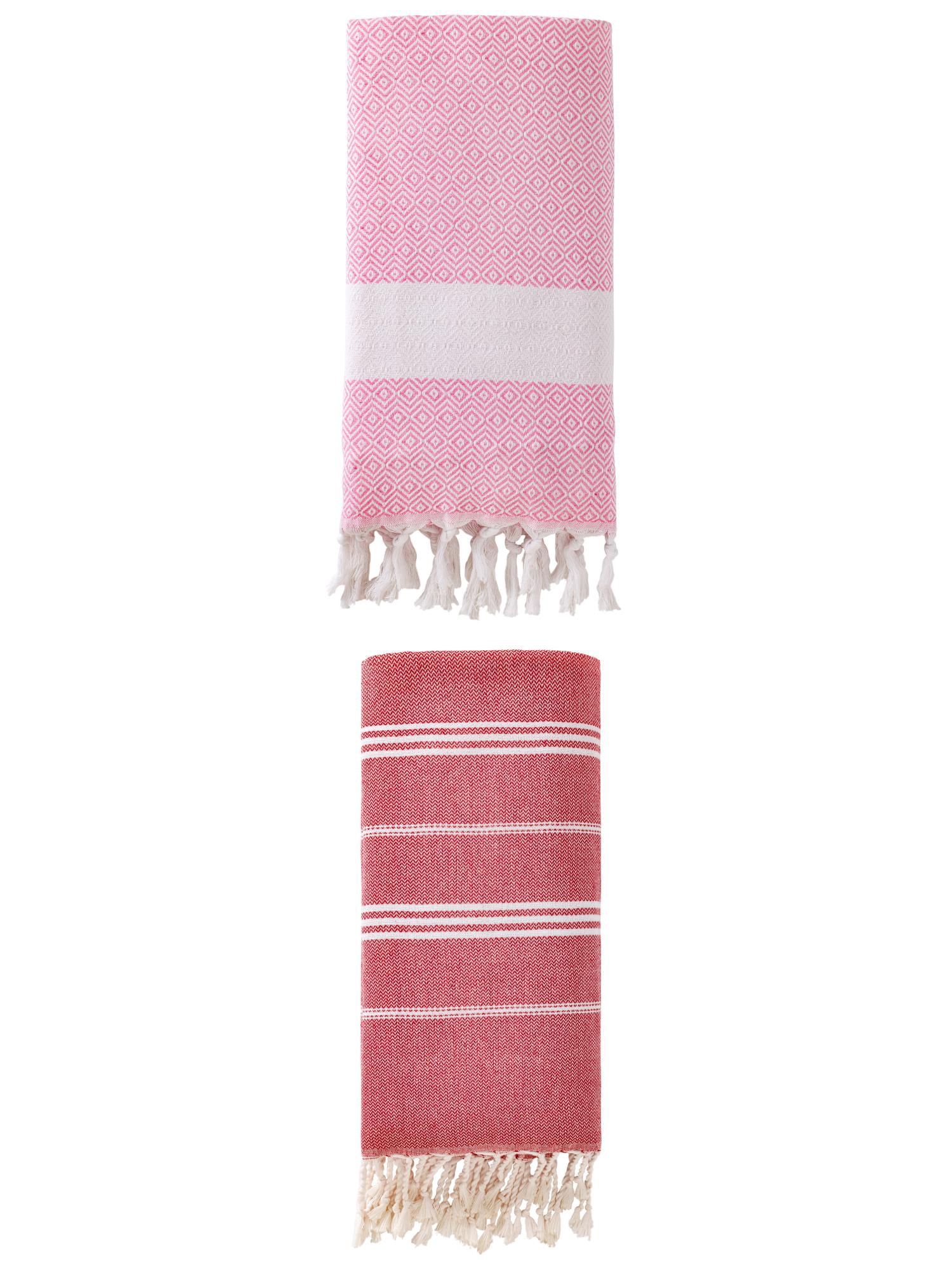 Unique Bargains 2Pcs Turkish Woven Striped Beach Towel Red Pink 71" x 35"/71" x 40"
