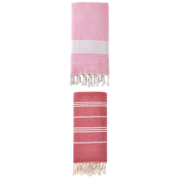 Unique Bargains 2Pcs Turkish Woven Striped Beach Towel Red Pink 71" x 35"/71" x 40"