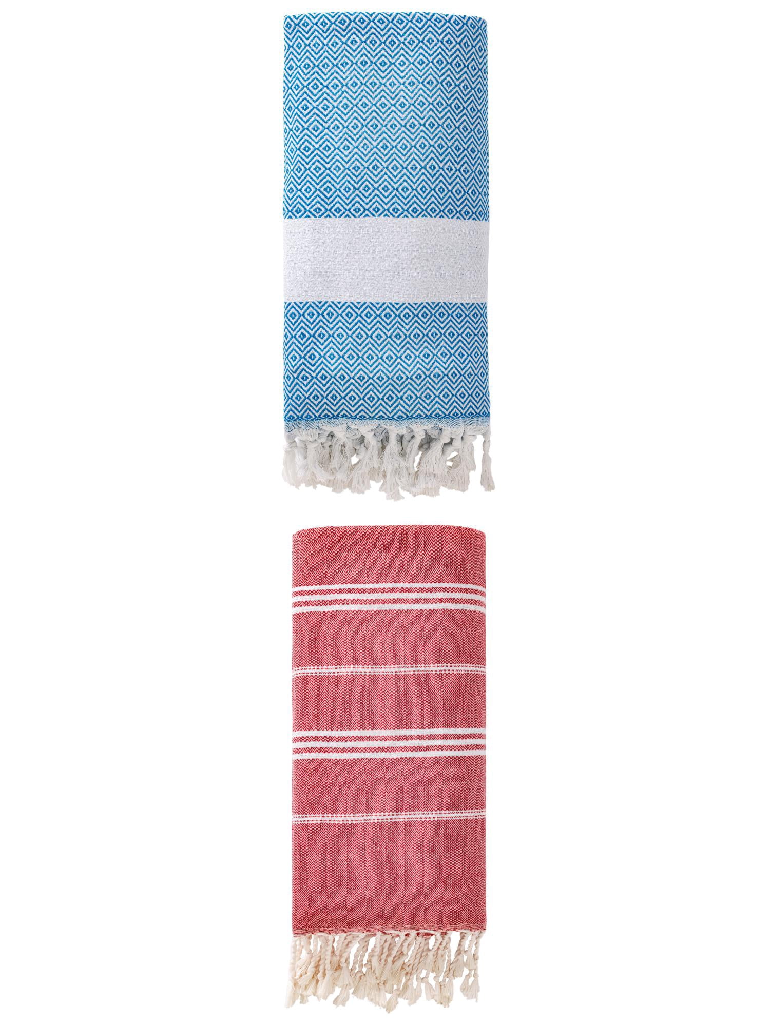 Unique Bargains 2Pcs Turkish Woven Striped Beach Towel Red/Sky Blue 71" x 35"/71" x 40"