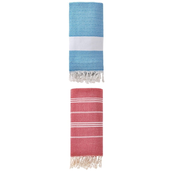 Unique Bargains 2Pcs Turkish Woven Striped Beach Towel Red/Sky Blue 71" x 35"/71" x 40"