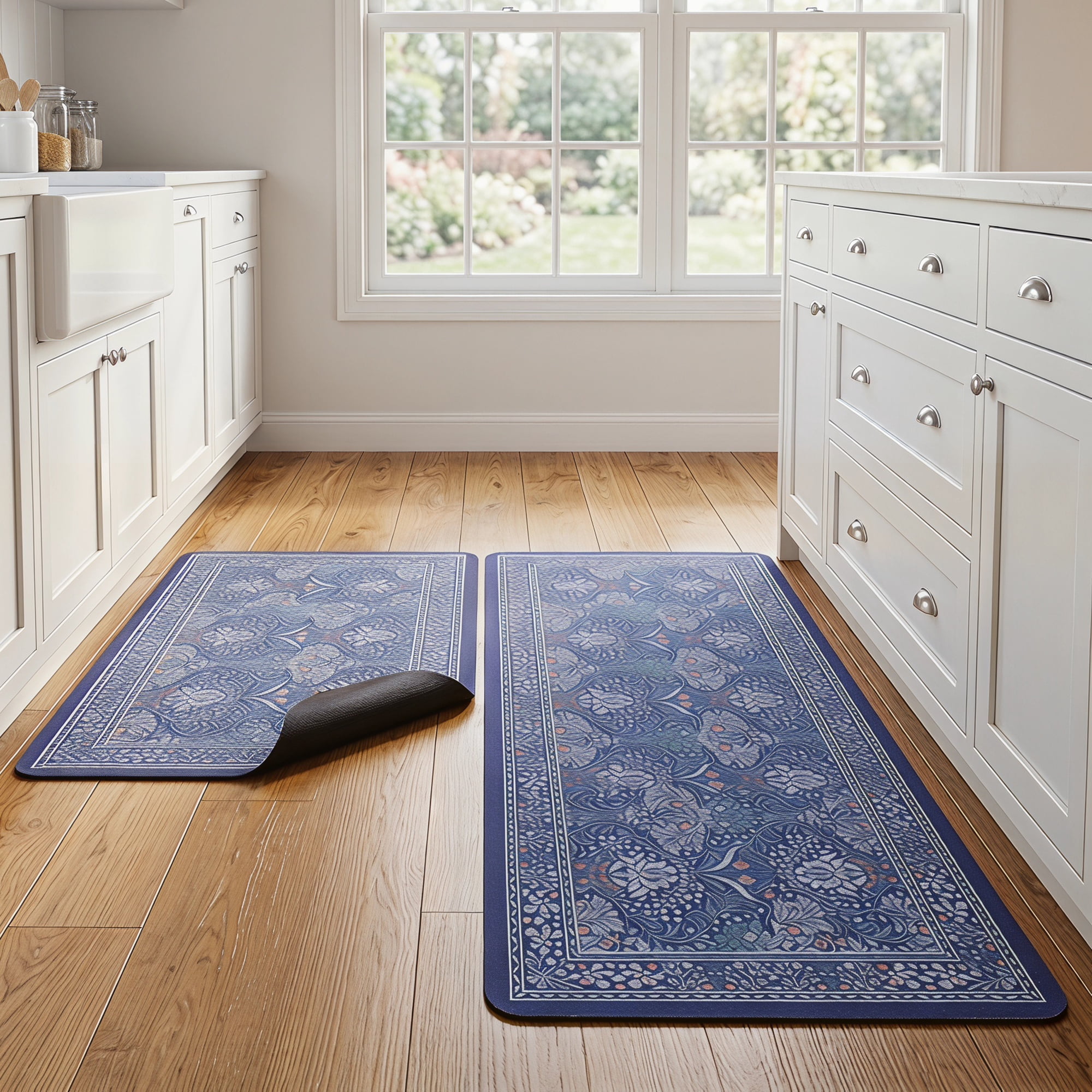 Unique Bargains 2Pcs Washable Non-Slip Absorbent Runner Rug Set Blue 24" x 16" 47" x 16"