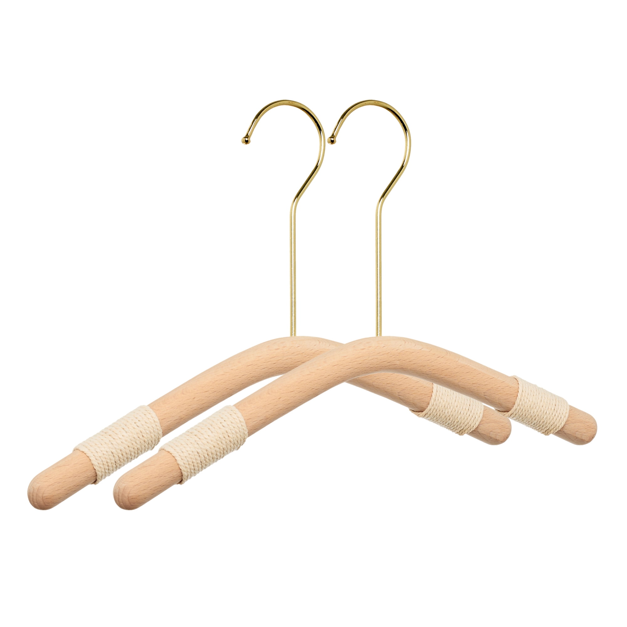Unique Bargains 2Pcs Wood Nonslip Space Saving Hangers Gold Round Hook