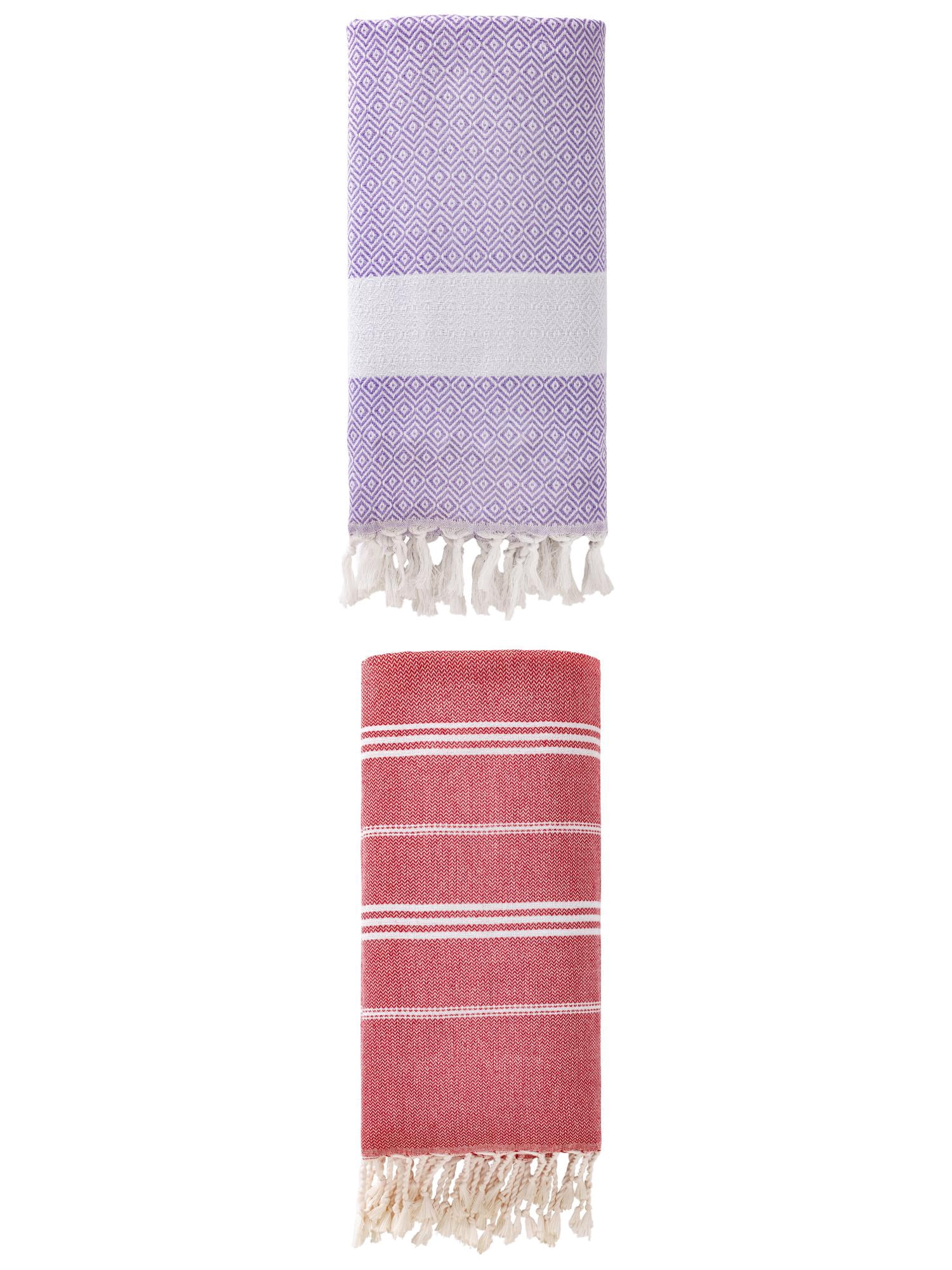 Unique Bargains 2Pcs Woven Striped Beach Towel Red/Light Purple 71" x 35"/71" x 40"