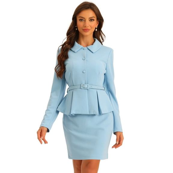DARING DIVA 2pcs Women's Peplum Blazer Jacket Pencil Skirt Sets L Light Blue