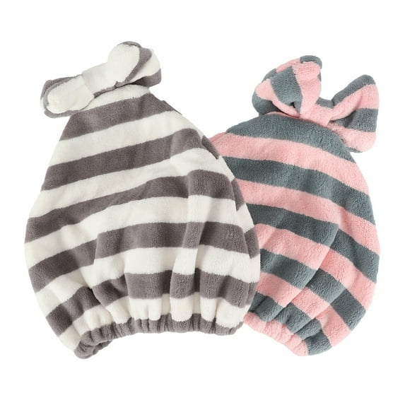 Unique Bargains 2pcs Hair Drying Towel Hair Towel Wrap for Women Striped Bow Drying Cap for Short Hair Pink Gray White