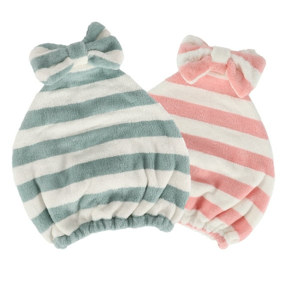 Unique Bargains 2pcs Hair Drying Towel Hair Towel Wrap for Women Striped Bow Drying Cap for Short Hair Pink Green White