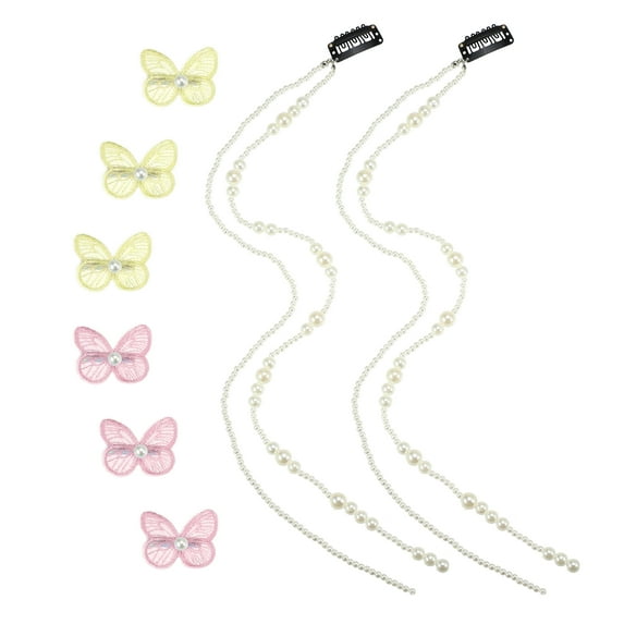 Unique Bargains 2pcs Long Tassel Faux Pearl Hair Chain with 6pcs Hair Clip Women Wedding Party White Yellow Pink