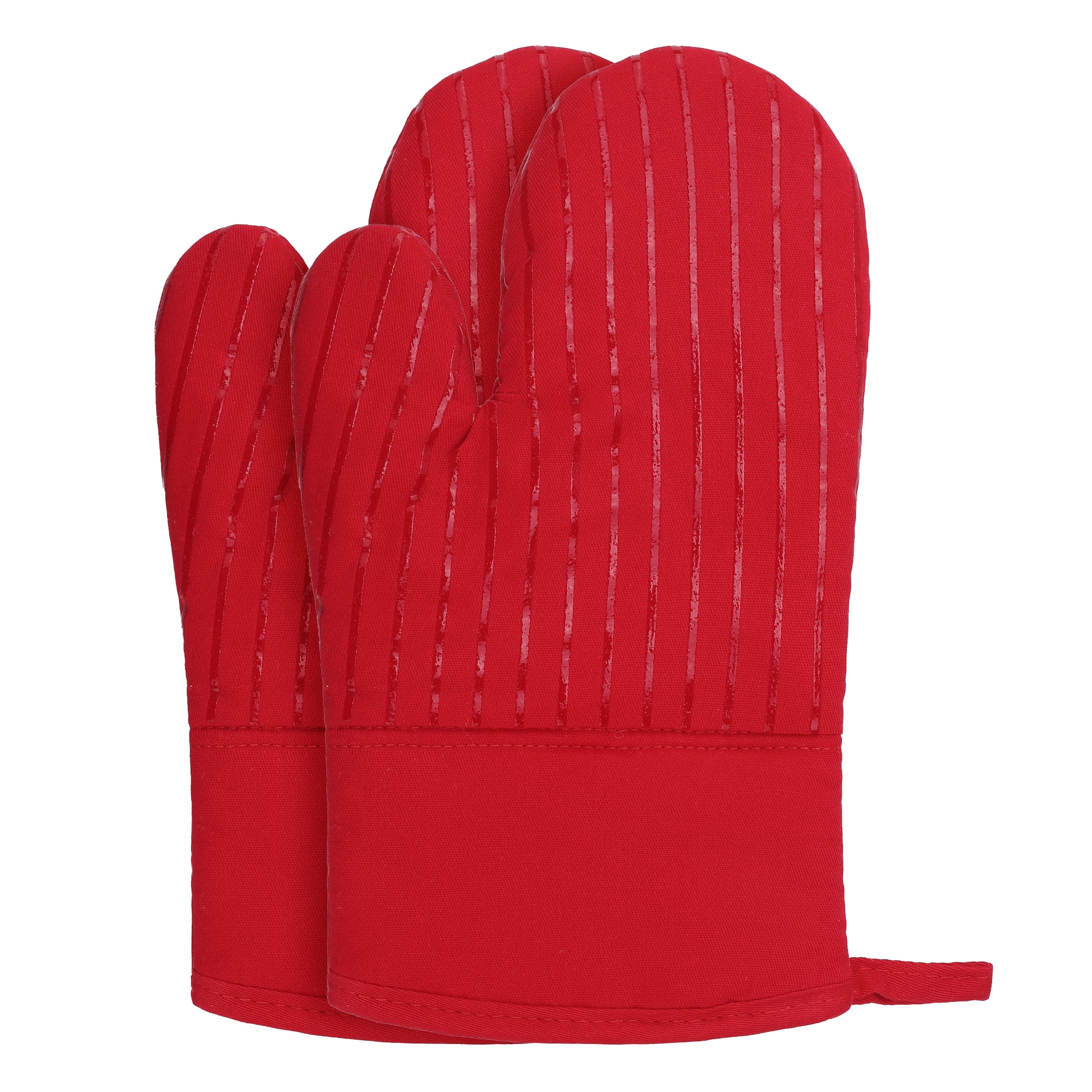 Unique Bargains 2pcs Silicone and Cotton Heat-Resistant  Oven Mitts Red 12.6" x 7.1"