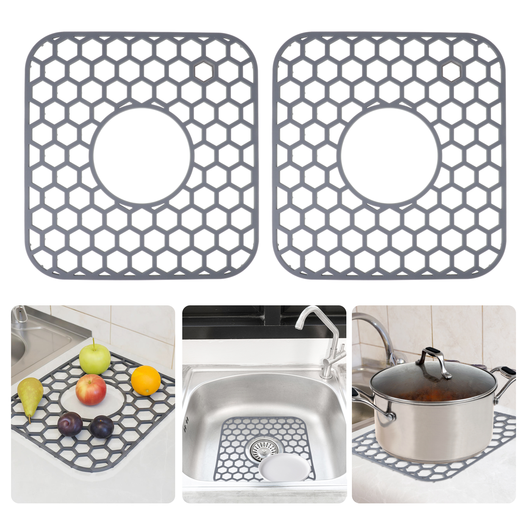 Unique Bargains 2pcs Sink Protectors for Kitchen Sink 12.4"x 11.5" Non-Slip Sink Mats Heat-Resistant to 500°F Sink Grid for Stainless Steel Sinks Dishwasher Safe Gray