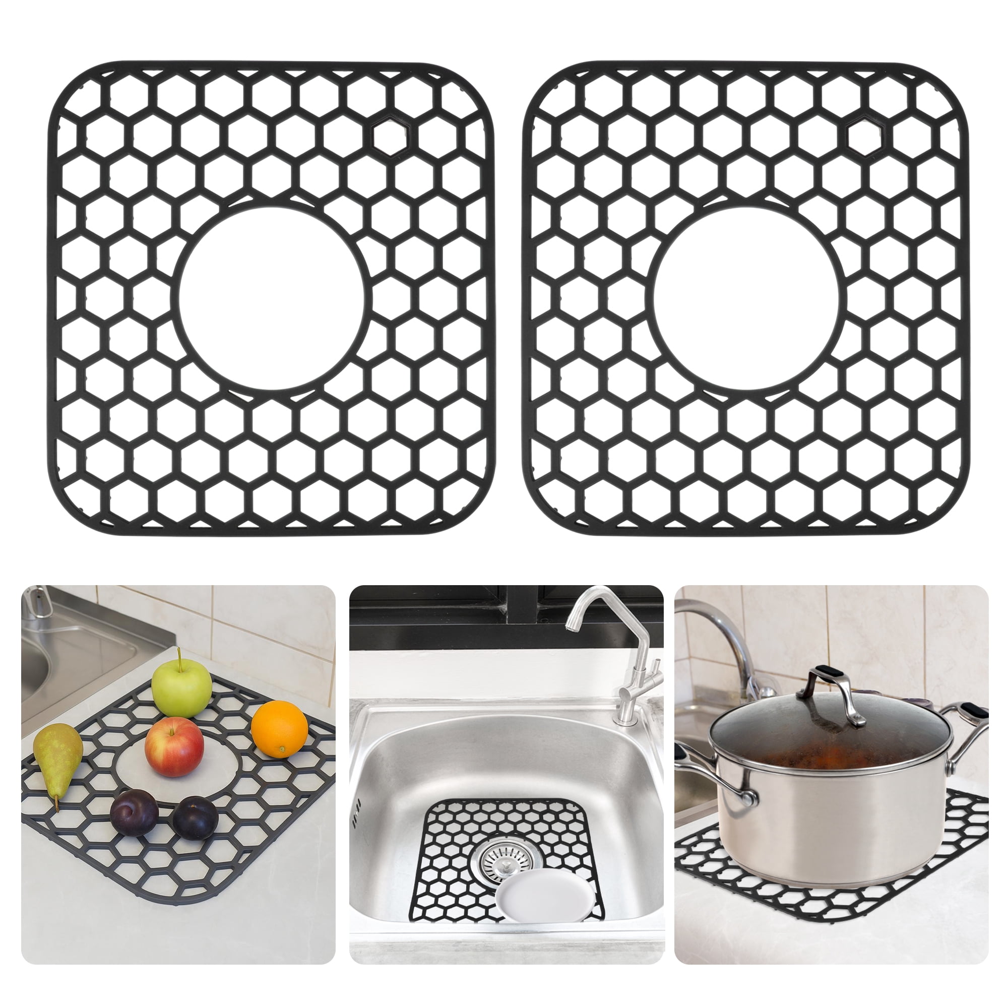 Unique Bargains 2pcs Sink Protectors for Kitchen Sink 12.4"x 11.5" Non-Slip Sink Mats Heat-Resistant to 500°F Sink Grid for Stainless Steel Sinks Dishwasher Safe Black