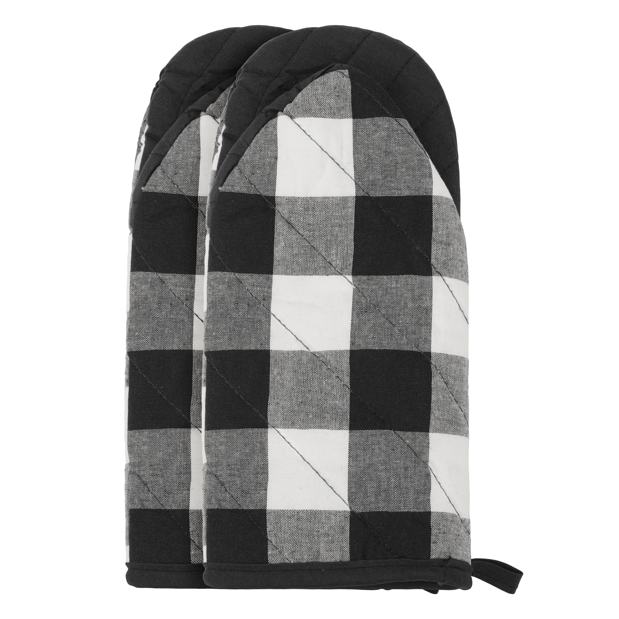 Unique Bargains 2pcs Soft Heat-Resistant Thick Cotton Lining Oven MittsBlack 11.4" x 5.9"