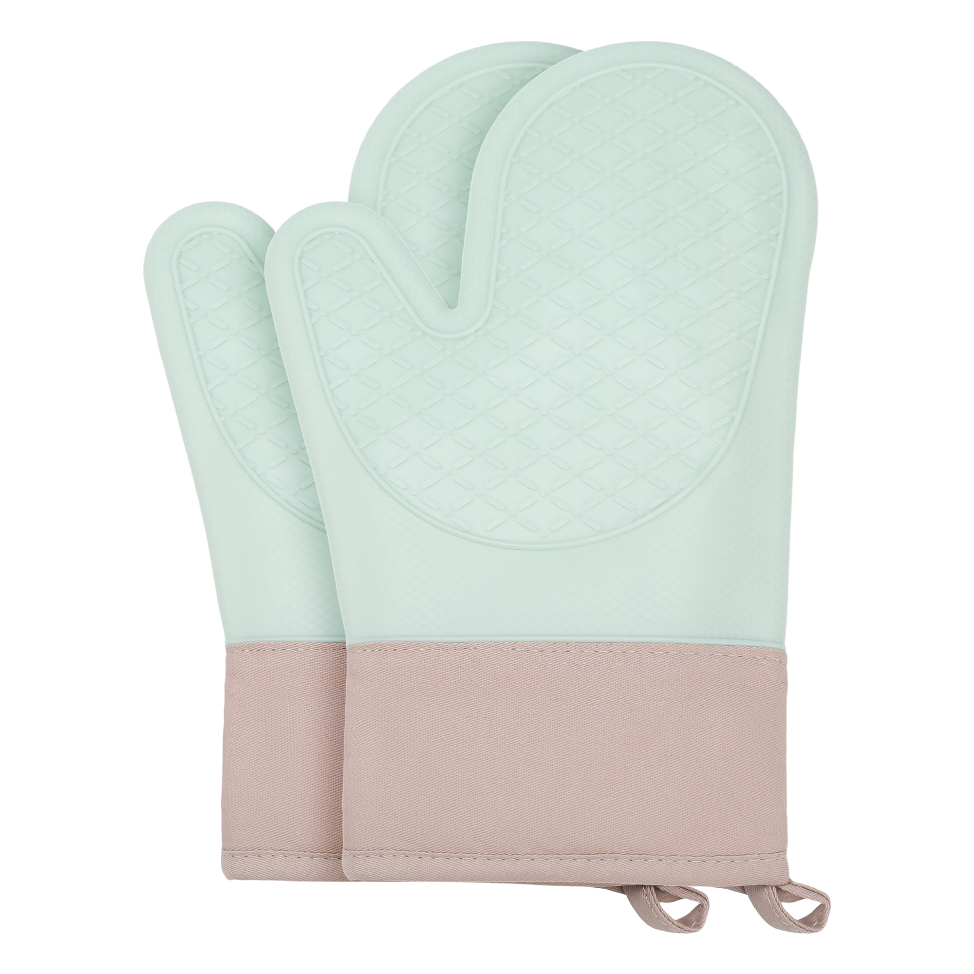 Unique Bargains 2pcs Soft Silicone and Cotton Heat-Resistant Oven Mitts Green 11.2" x 7.7"