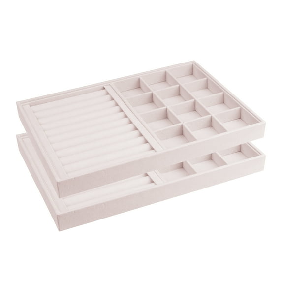 Unique Bargains 2pcs Stackable Velvet Jewelry Organizer Trays with Removable Dividers Light Pink