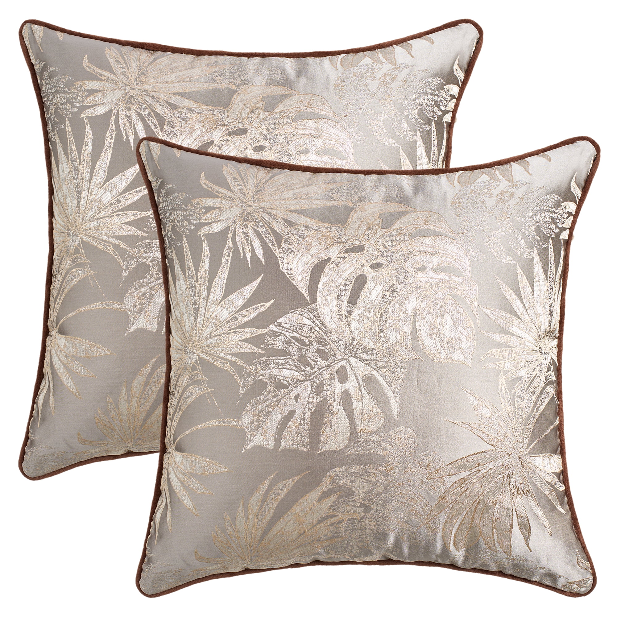 Unique Bargains 2pcs Velvet Tropical Leaf Jacquard Pillow Cover 18" x 18" Brown