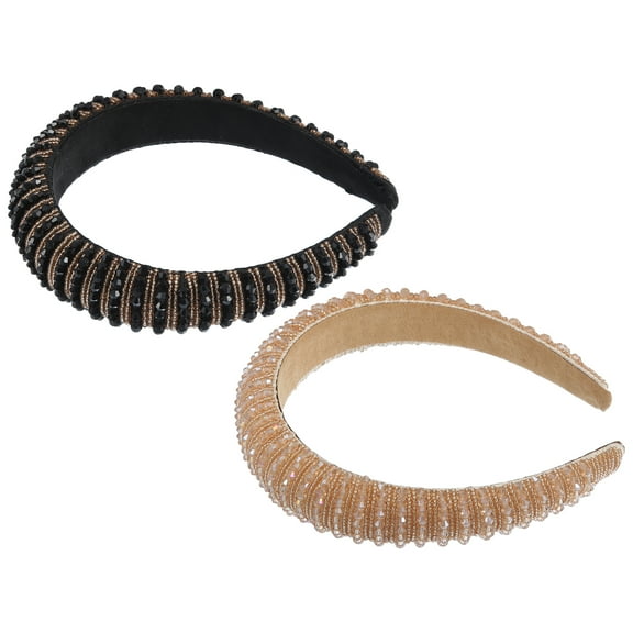 Unique Bargains 2pcs Women Rhinestone Headband Wide Headband Bejewelled Hairband Women Luxury Black Champagne