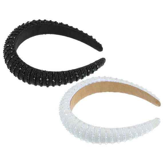 Unique Bargains 2pcs Women Rhinestone Headband Wide Headband Bejewelled Hairband Women Luxury White Black