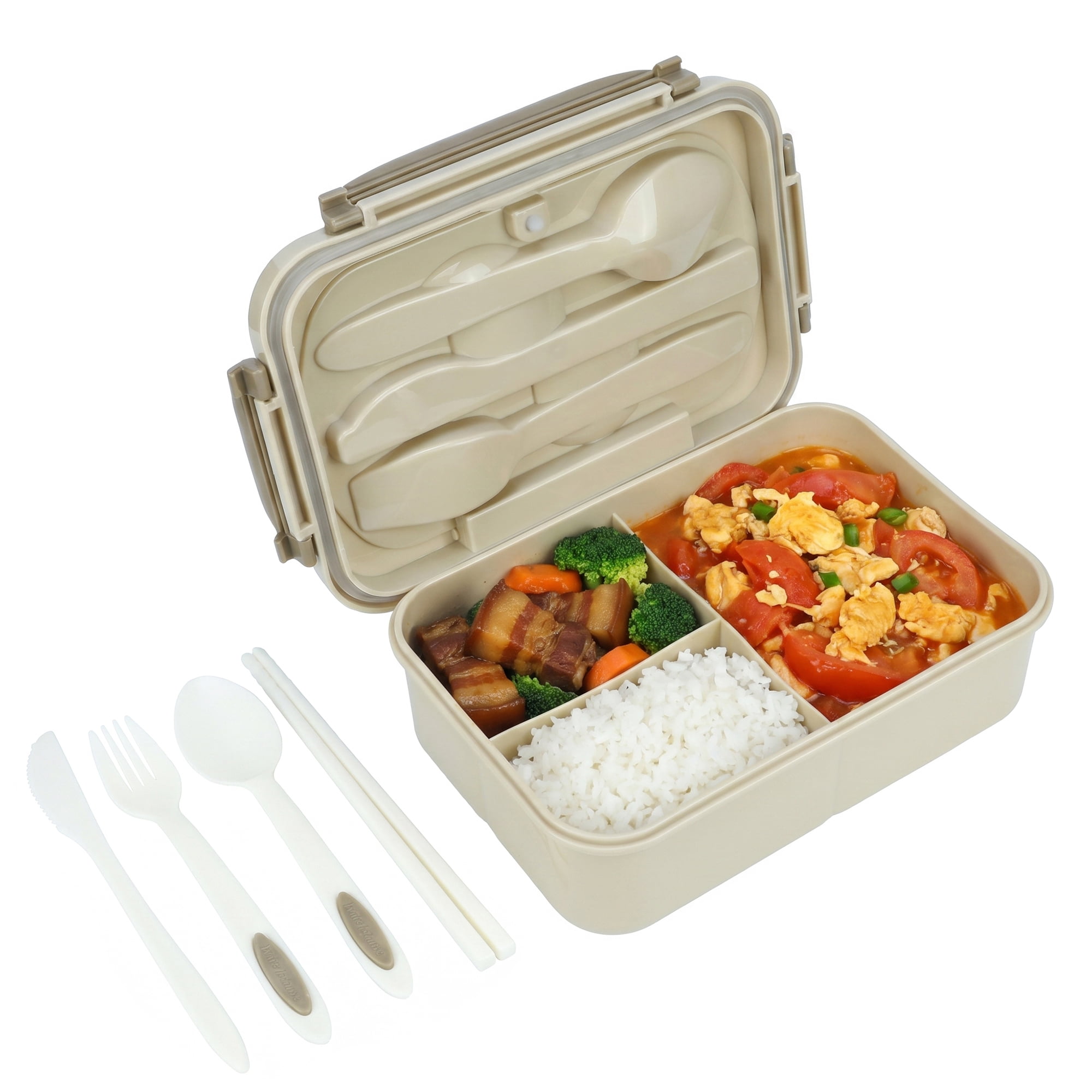 Unique Bargains 3-Compartment Leak-Proof  Lunch Bento Box with Utensils Khaki-1
