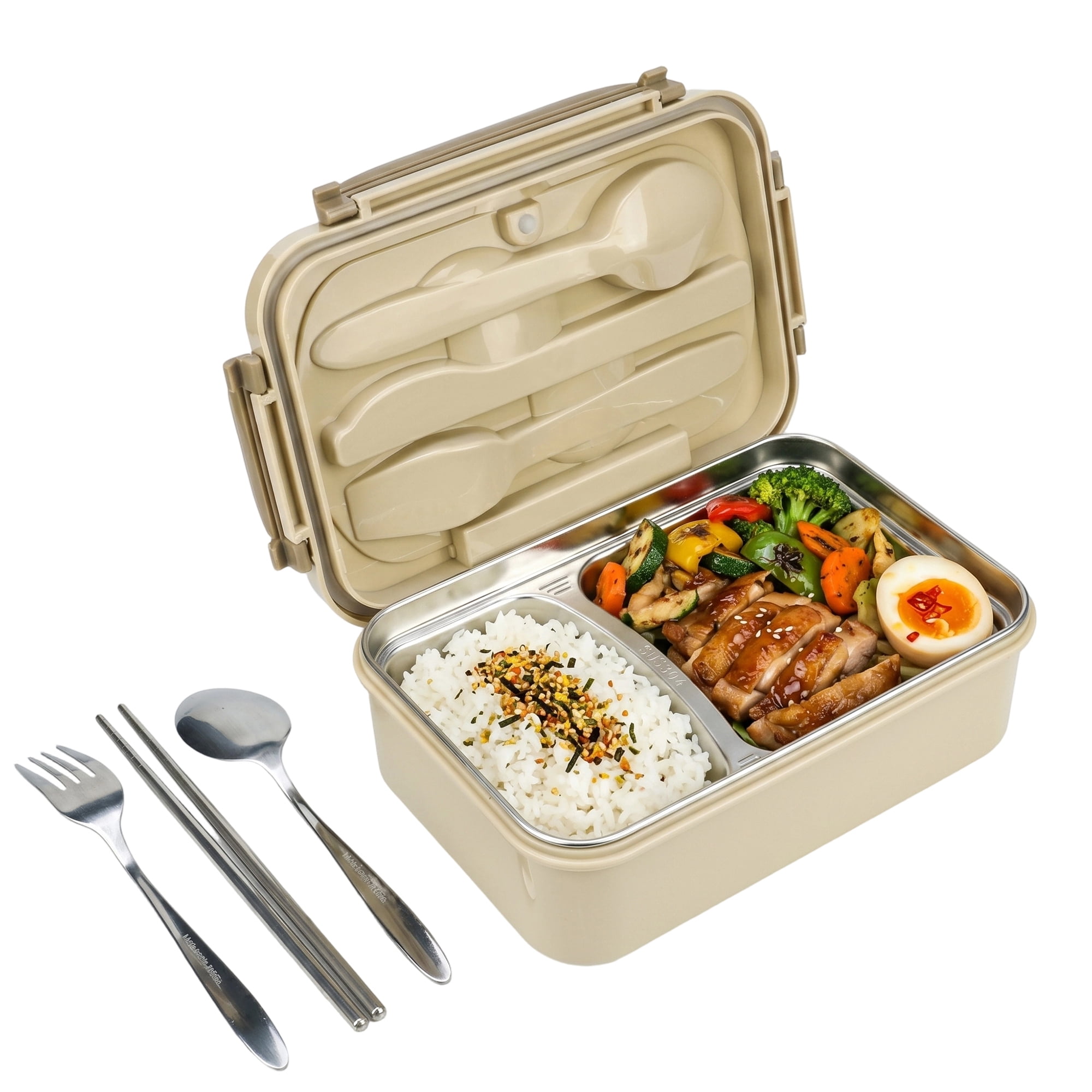 Unique Bargains 3-Compartment Leak-Proof  Lunch Bento Box with Utensils Khaki-2