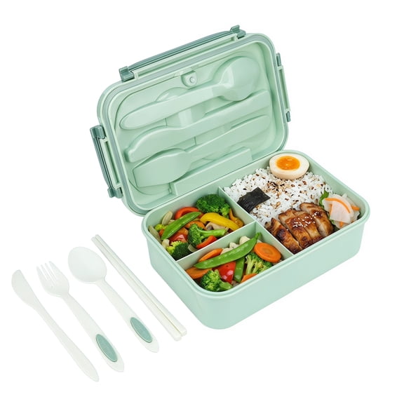 Unique Bargains 3-Compartment Leak-Proof Lunch Bento Box with Utensils Mint Green-1